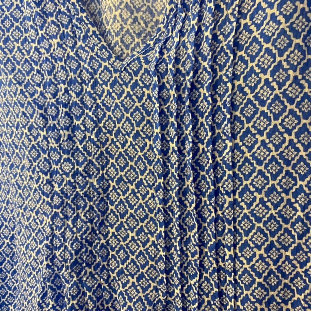 Hester & Orchard XL Blue White Geometric Cotton Roll Tab Pintuck Blouse Boho - Picture 7 of 15
